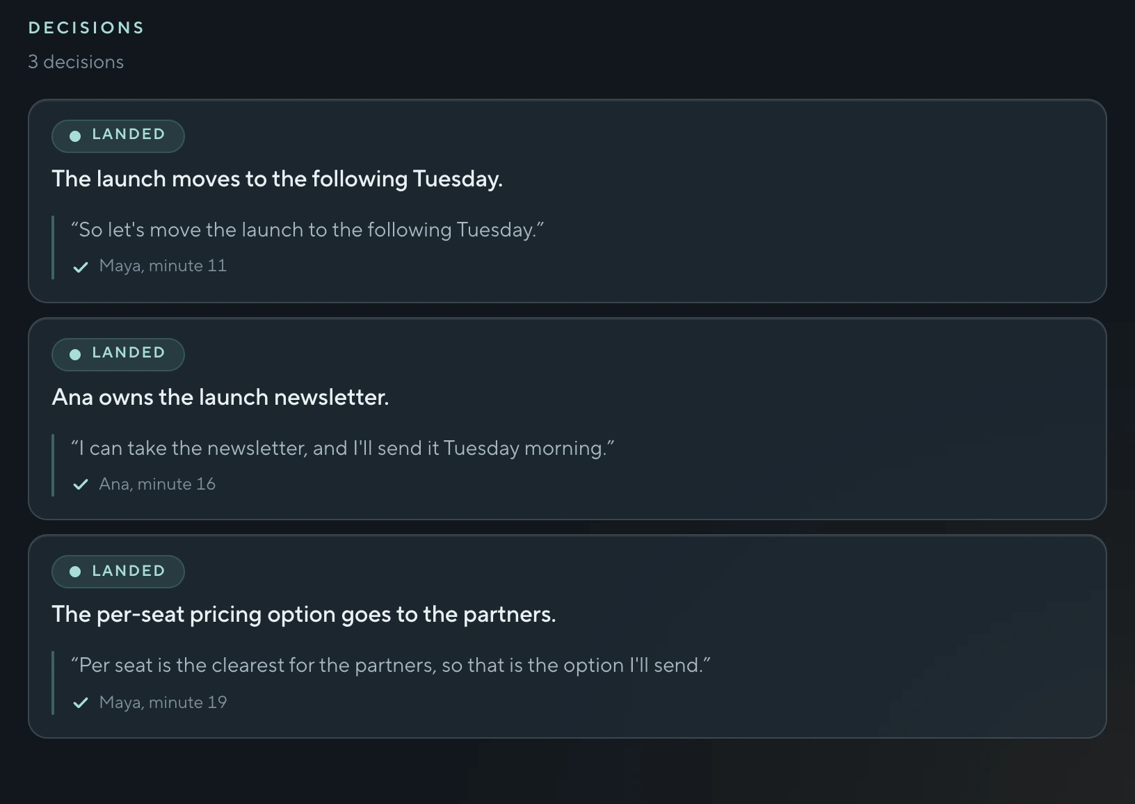 The Decisions block of the follow-up page on a desktop screen: 3 decisions, each with the speaker's exact words and the minute.