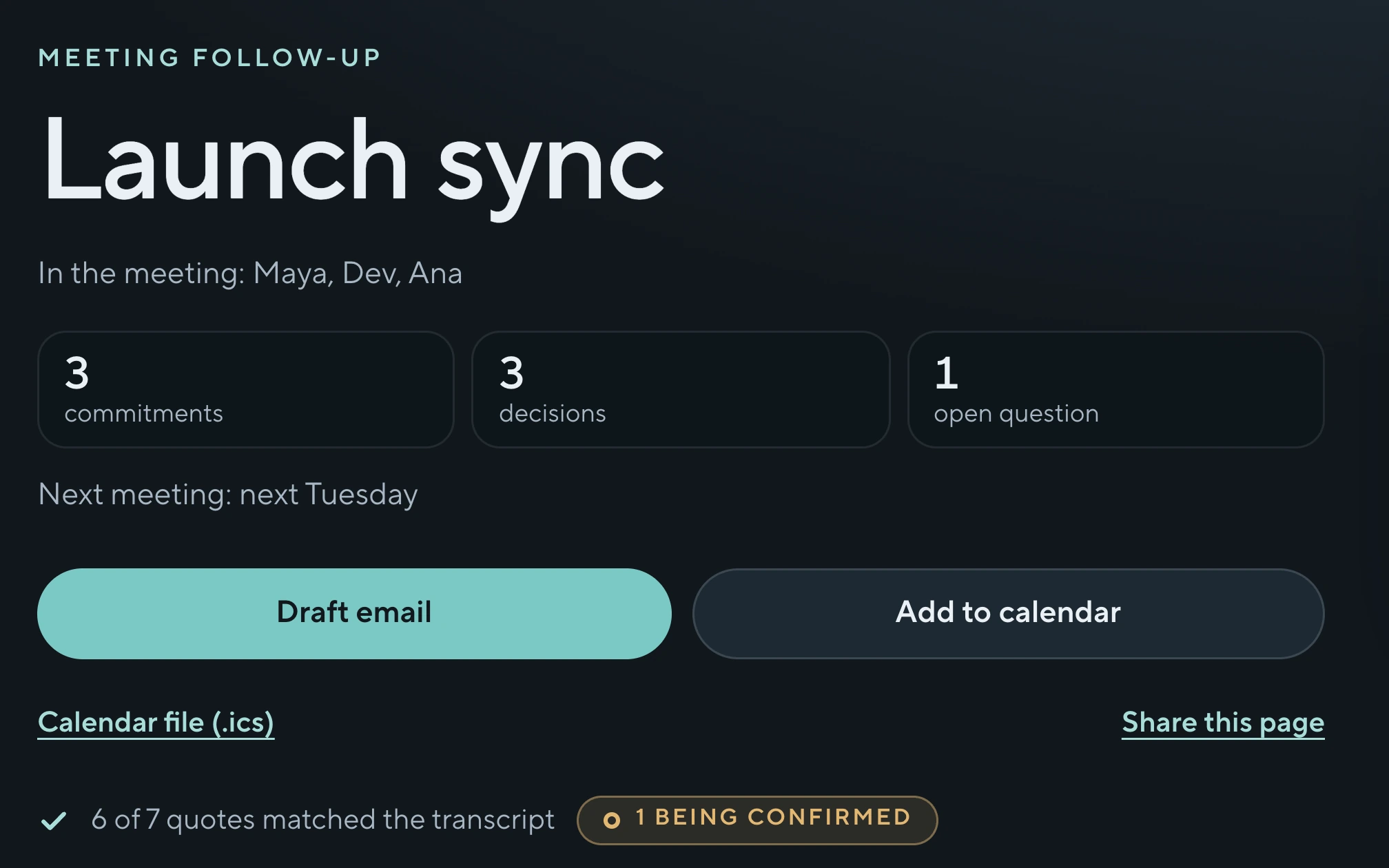 The follow-up page for a sample Launch sync on a desktop screen: the title, the counts, and the Draft email and Add to calendar buttons.