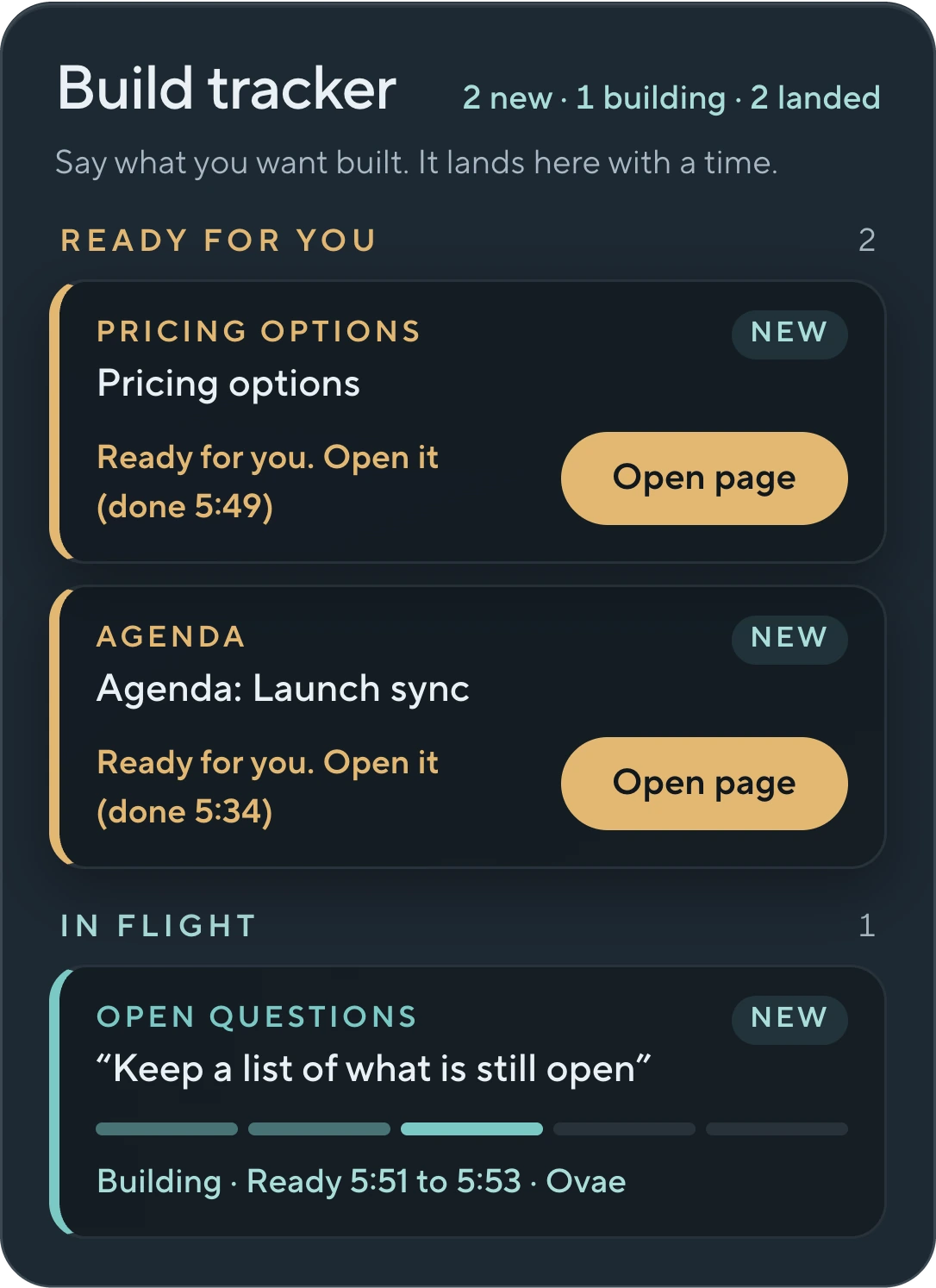 The build tracker on the room screen: 2 pages ready to open and 1 being built.